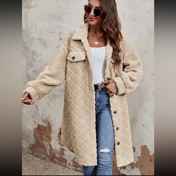 New Flap Detail Drop Shoulder Teddy Coat Shacket Button Down Long Sleeve Warm - Picture 6 of 16